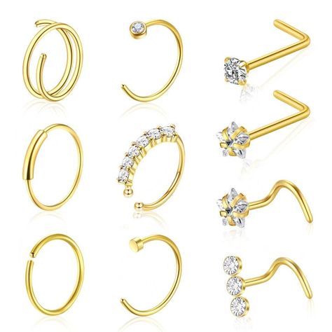 PRICES MAY VARY. 💎 Package include - you will receive 10pcs nose ring, including 4pcs gold L shaped and S shaped nose stud,1pcs double nose ring for single piercing ,5pcs hoop nose ring in different style. A variety of different styles to suit your wearer's needs 💎 Measurements- gold nose rings hoops 20gauge (0.8mm), nose hoops inner diameter: 5/16"(8mm); Nose studs 20 gauge (0.8mm), nose rings studs pole length: 7mm; L shaped nose stud top size: 2mm, 3mm; 💎 High quality materials - Nose ring