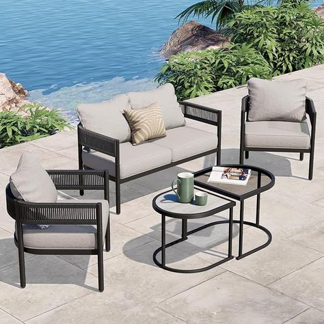 Grand patio 5-Piece Outdoor Conversation Set, Woven Wicker, Steel Frame, with Olefin Cushions and Nested Table, Patio Furniture for Backyard, Beige Modern Outdoor Sofas, Wicker Patio Furniture Set, Outdoor Furniture Set, Patio Sofa Set, Outdoor Wicker Furniture, Wicker Patio Furniture, Wicker Sofa, Outdoor Rocking Chairs, Patio Sofa