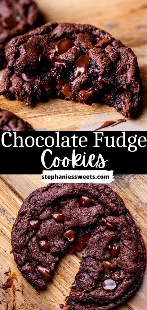 These fudgy chocolate cookies are made with cocoa powder, melted chocolate, chocolate chips stuffed with chocolate ganache for a rich chocolate flavor. They have crunchy edges and a gooey center. Stuffed Chocolate Cookies, Chocolate Fudge Cookies, Cookies Stuffed, Fudge Cookies, Dark Chocolate Cookies, Treats Recipes, Easy Taco, Easy Baking Recipes Desserts, Chocolate Dessert Recipes