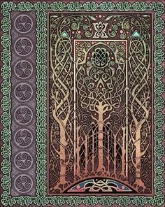 Forest tapestry with Celtic knotwork. Fiori Art Deco, Celtic Border, Celtic Artwork, Celtic Ornaments, Forest Tapestry, Celtic Heritage, Celtic Culture, Celtic Patterns, Celtic Knotwork