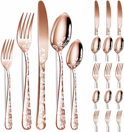 The rose gold cutlery set consist of 4 Dinner Knives, 4 Dinner Forks, 4 Dinner Spoons, 4 Teaspoons and 4 Dessert Forks. features exquisite floral laser-etched patterns, an elegant appearance, and smooth designed handles, with smooth polished edges and no rough spots, making the sharp knives more effective at cutting food Restaurant Utensils, Rose Gold Cutlery, Gold Cutlery Set, Black Flatware, Stainless Steel Silverware, Gold Cutlery, Spoon Knife, Stainless Steel Cutlery, Stainless Steel Flatware