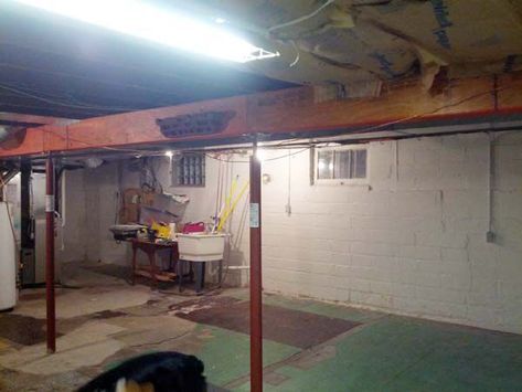 Uneven Basement Floor Ideas, Basement Upgrades, Basement Remodeling Before And After, Concrete Basement Walls, Basement Shelving, Relaxing Spaces, Old Basement, Basement Redo, Hvac Duct