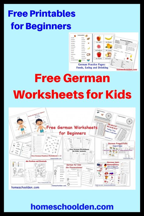 Free German Worksheets for Beginners - This post has a number of different free printables for students beginning to learn German - numbers, colors, fruits & vegetables, school materials, parts of the body and more.  #GermanWorksheetsforBeginners #GermanWorksheetsforKids #HomeschoolGerman German Words For Beginners, German For Beginners Learning, German Worksheets For Beginners, German Language Learning Worksheets, German Language Learning For Beginners, German Lesson Plans, German Numbers, German Worksheets, Learning German Worksheets