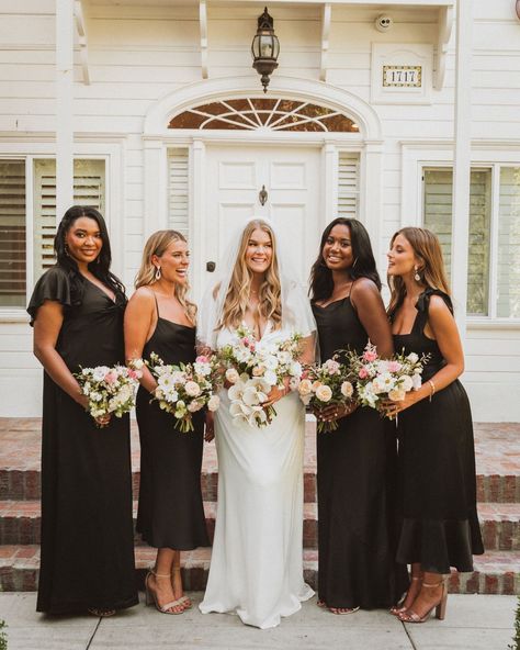 @mumuweddings shared a photo on Instagram: “Something so chic about a bridal party in Black Luxe Satin 🖤 #mumuweddings” • Jan 14, 2022 at 7:30pm UTC Wedding Hair For Bridesmaids, Hair For Bridesmaids, Wedding Black Bridesmaid, Hair Long Wedding, Black Bridesmaid Dress, How Many Bridesmaids, Mumu Wedding, Wedding Hairstyles Bridesmaid, Bridal Party Gowns