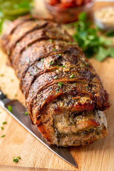 Pork Loin Stuffed With Pesto And Prosciutto, Pork Loin Recipes Italian Dressing, Mediterranean Stuffed Pork Loin, Christmas Pork Loin Recipes, Pork Dinner Party Recipes, New Year Pork Recipes, Pesto Stuffed Pork Tenderloin, Pork Loin Stuffed With Pesto And Prosciutto Food And Wine, Herb Stuffed Pork Loin