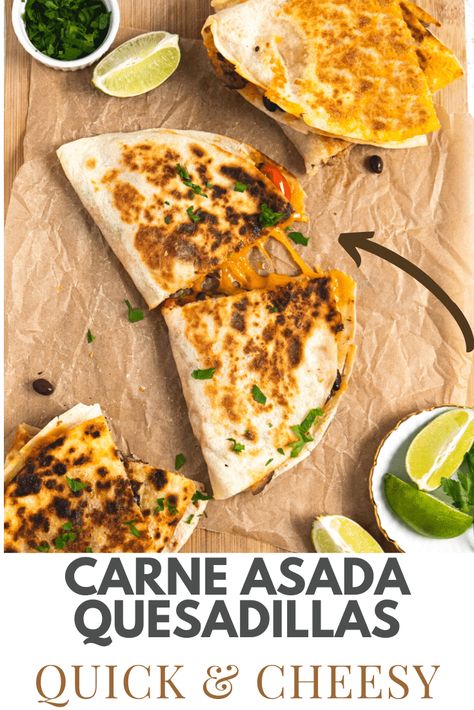 This Carne Asada Quesadilla is the best recipe using your leftover meat. In a crispy tortilla, the filling is cheesy & packed with flavor. Carne Asada Recipes, Quesadilla Recipes, Tomato Pesto, Crispy Onions, Chicken Quesadillas, Tex Mex Recipes, Carne Asada, Quesadillas, Best Recipe