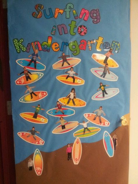 Surfing into Kindergarten! I love my adorable door decoration for the end of the year and it goes perfect with my beach themed classroom! Beach Bulletin Boards, Preschool Door, Classroom Door Decorations, Ocean Classroom, Summer Bulletin Boards, Ocean Theme Classroom, Summer Preschool, Preschool Graduation, Hawaiian Theme