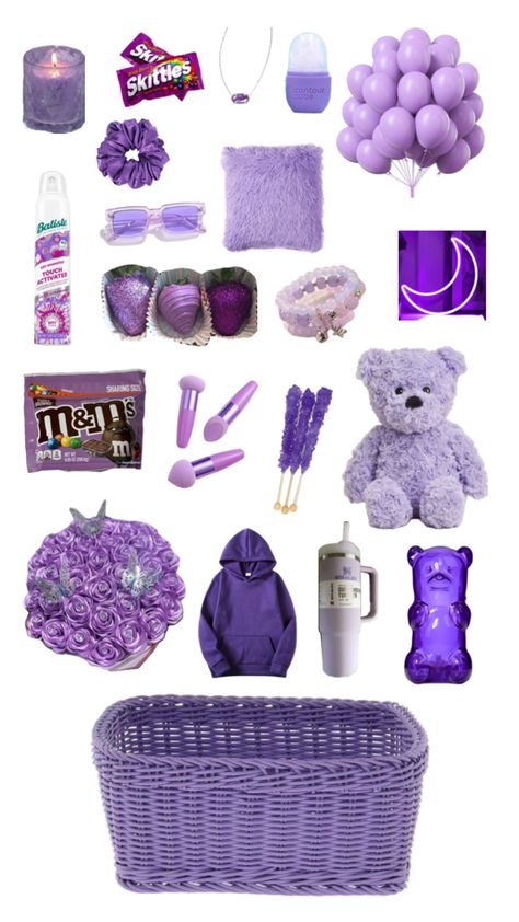 Basket for the ones who love purple! Purple Gift Basket Ideas For Him, All Purple Gift Basket, Purple Items For Gift Basket, Birthday Basket Purple, Periwinkle Gift Basket, Birthday Basket For Teenage Girl, Grey Gift Basket Ideas, Purple Boo Basket, Purple Birthday Gift Baskets