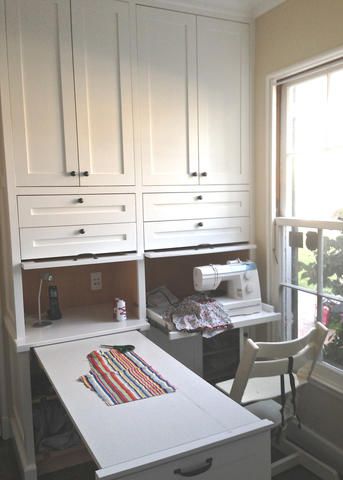 Craft Built Ins, Murphy Table Craft Room, Closet Into Sewing Room, Built In Sewing Center, Craft Room Built In Storage, Sewing Room Built Ins, Sewing Table In Bedroom, Pull Out Craft Table, Built In Sewing Machine Table