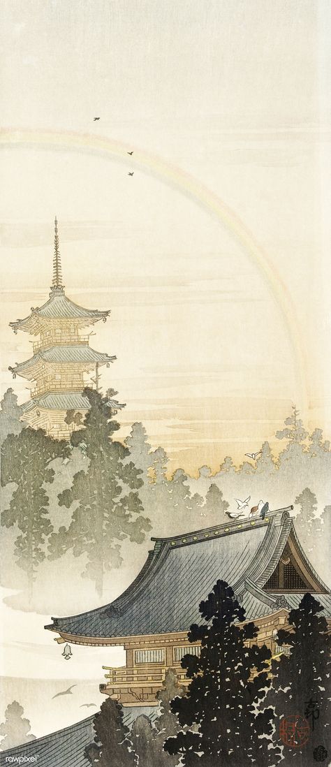 Pagoda and rainbow (1900 - 1910) by Ohara Koson (1877-1945). Original from The Rijksmuseum. Digitally enhanced by rawpixel. | free image by rawpixel.com / Rijksmuseum (Source) Ohara Koson, Free Illustration Images, Japanese Wall Art, Traditional Japanese Art, Japanese Wall, Art Japonais, Japanese Painting, Rainbow Art, Japanese Prints