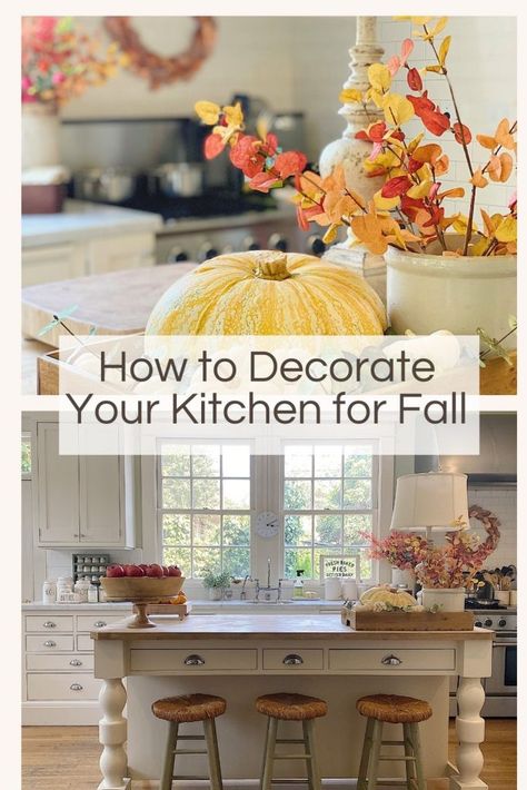 Decorate Kitchen For Fall, Fall Kitchen Countertop Decor, Styling Open Shelves In Kitchen, Decorating Above Cabinets, Decoration Ideas Kitchen, Kitchen Garden Window, Cozy Kitchen Decor, Kitchen Decoration Ideas, Kitchen Countertop Decor