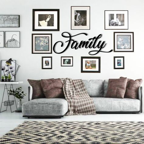 PRICES MAY VARY. Family Metal Wall Decor: Family sign wall decor is designed with the vintage but active glyph design of Family, which is comfortable and homespun, adding a cosy atmosphere to your home.Not only can be used as a beautiful hanging decoration, but also can bring joy by creating an elegant and special atmosphere Metal Family Sign Wall Decor: The letters for wall decor are made of high-quality cold-rolled steel, smooth and lightweight, can decorate your room for a long time. Each pie Family Wall Letters, Picture Wall Ideas For Hallway, Diy Picture Wall Ideas Living Room, Photo Wall Home Decor, How To Decorate A Wall With Pictures, Family Photo Wall Ideas Living Rooms Layout Picture Arrangements, Great Room Wall Decor Ideas, Farmhouse Family Picture Wall Ideas, Modern Grandma Decor