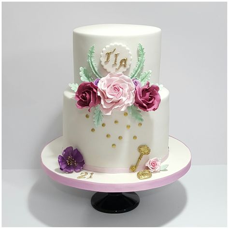 21st Birthday 2 tier fondant cake with sugar roses. Two sided cake with a bat girl / woman theme the other side Cakes.By.Kaz Two Sided Cake, 2 Tier Fondant Cake, 2 Tier Birthday Cake, Tier Birthday Cake, Birthday Cake For Women, Cake For Women, Bat Girl, Sugar Rose, Fondant Cake