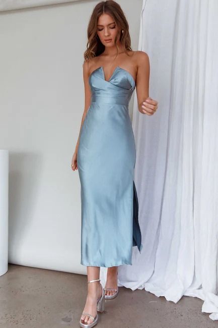 Shop the Ma Jolie Strapless Midi Dress Blue | Selfie Leslie Light Blue Full Length Dress, Beach Chic Outfit Wedding Guest Semi Formal, Simple Blue Bridesmaid Dresses, Boat Wedding Guest Dress, Powder Blue Midi Dress, Light Blue Midi Dress Wedding, Cocktail Attire Dresses, Formal Light Blue Dress, Light Blue Dresses Formal