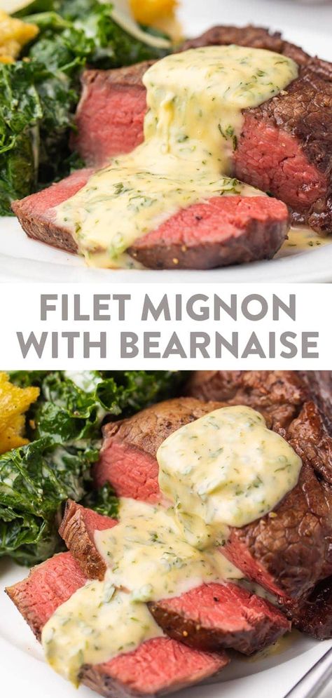 This filet mignon is absolutely perfect: medium rare and totally tender, smothered in a rich, buttery bearnaise sauce. The techniques to make the steak and the bearnaise both are so simple, it makes date night or Valentine's Day a cinch but will knock your guest off their feet. #steak #filetmignon #sauce #valentinesday #datenight Filet Mignon Sauce, Perfect Filet Mignon, Bernaise Sauce, Béarnaise Sauce, Recipe Sauce, Mignon Steak, Filet Mignon Recipes, Filet Mignon Steak, Julia Child Recipes