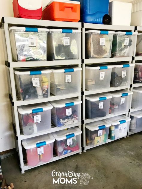 Bins labeled with Duck Pack and Track labels with QR codes Labeling Storage Totes, Qr Code Storage Labels, Organize Bins, Labels For Storage Bins, Organizing Boxes, Storage Bins Organization, Garage Organize, Basement Storage, Casa Patio