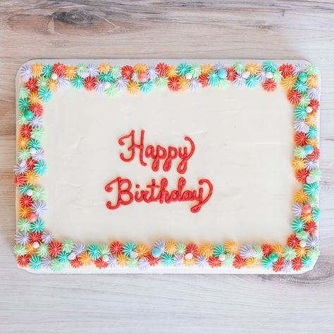 Simple but playful, this colorful gluten-free sheet cake is fun and simple. And delicious! Easy Birthday Sheet Cake Decorating, Cute Sheet Cakes Birthday, Half And Half Sheet Cake, Happy Birthday Sheet Cakes For Women, Simple Cake Borders, Easy Sheet Cake Decorating Ideas Simple, Sheet Cake Borders, Easy Cake Borders, Sheet Cookie Cake