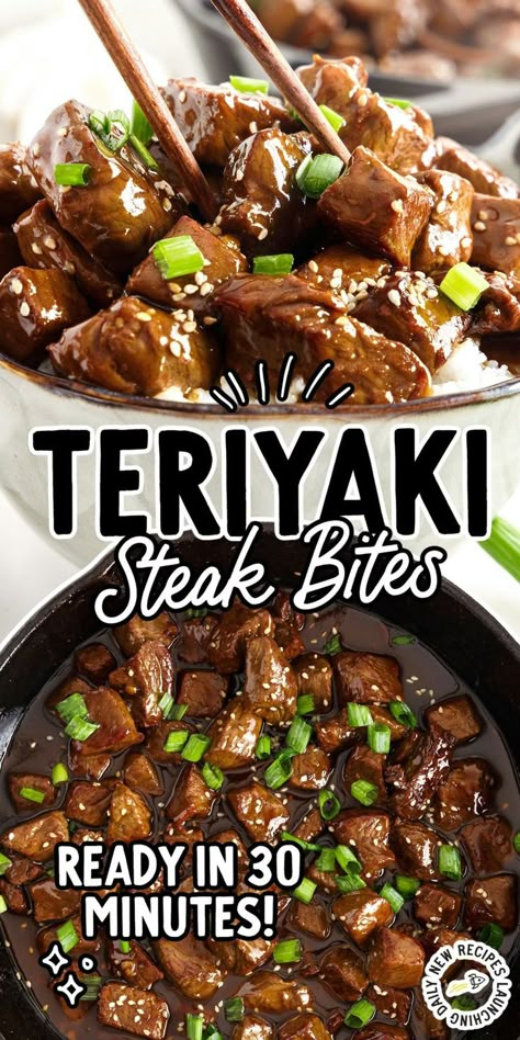 Teriyaki Steak Bites Teriyaki Beef Tips Recipe, Tik Tok Steak Bites, Sticky Steak Bites, Low Carb Steak Bites, Steak Ends Recipes, Teriyaki Beef Marinade, Easy Recipes With Steak, Steak Chinese Recipes, Rice And Steak Recipes