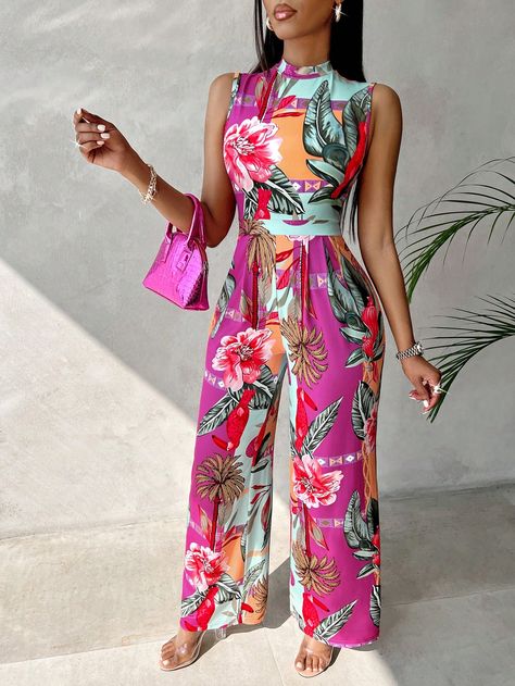 Hot Pink Boho Collar Sleeveless Fabric Tropical Other Embellished Slight Stretch  Women Clothing Jumpsuit For Wedding Guest, Collar Jumpsuit, Stylish Jumpsuit, Vacation Wear, Pink Boho, Business Outfits, Summer Outfits Women, Tropical Print, Summer Party