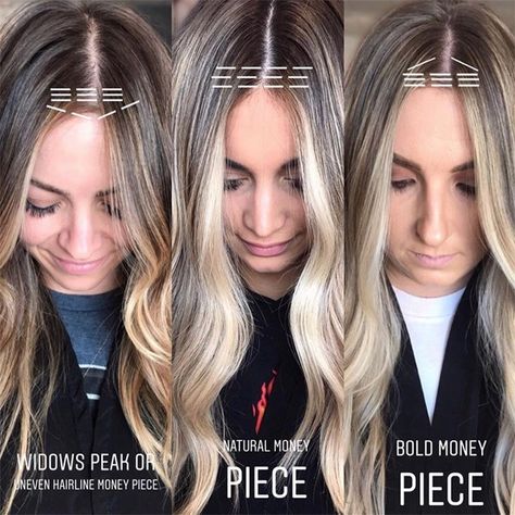 Here’s the tea: Money pieces are MAJOR moneymakers. So if you struggle to adjust your technqiue per client, we're sharing three ways to paint a money piece! Uneven Hairline, Cabelo Ombre Hair, Hair Color Placement, Money Piece Hair, Blonde Foils, Money Pieces, Hair Foils, Redken Hair Color, Hair Color Formulas