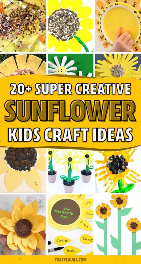 If you're looking for some fun and simple spring or summer craft tutorials, check out these super creative sunflower crafts and ideas for kids! Sunflower Craft For Kindergarten, Sunflower Craft Kindergarten, Sunflower Mothers Day Craft, Sunflower Art For Preschoolers, Kids Sunflower Craft, Sunflower Projects For Kids, Sunflower Crafts For Preschoolers, Sunflower Art Preschool, Sunflower Kids Craft