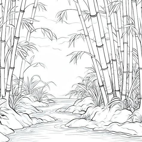 Bamboos swaying in the wind coloring boo... | Premium Vector #Freepik #vector #scenery #pond #environment #stream Bamboo Forest Drawing, Bamboo Tree Drawing, Japanese Coloring Pages, Vector Scenery, Bamboo Sketch, Waterfall Sketch, Bamboo Forest Japan, Bamboo Drawing, Jungle Drawing