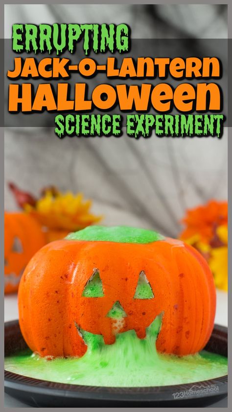 You've got to try this outrageously fun errupting Jack-o-Lantern pumpkin volcano project! Kids will go nuts seeing the halloween science experiments errupt out of the carved pumpkin face! Using pumpkin activities to teach pumpkin science is a great way to get kids excited about science and learning! I highly recommend these pumpkin science experiments with preschool, pre-k, kindergarten, first grade, 2nd grade, and 3rd graders too. Preschooler Halloween Activities, Preschool Pumpkin Experiments, Jack O Lantern Volcano, Pumpkins Science Preschool, Volcano Pumpkin Experiment, 2nd Grade Halloween Science Experiments, Pre K Halloween Science Activities, Fun Halloween Pumpkin Ideas, Halloween Crafts For Kids 2nd Grade