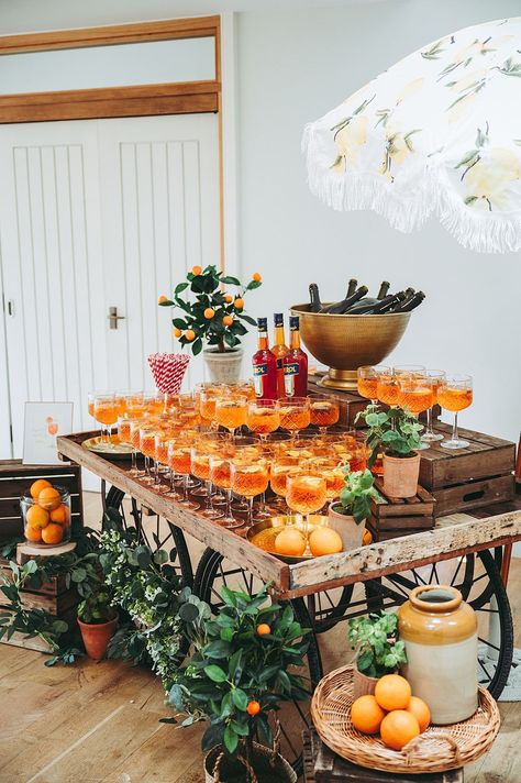 Italian Wedding Drink Station, Drinking Station Wedding, Drinks Wedding Station, Wedding Welcome Drink Station, Aperol Station Wedding, Wedding Green House, Italian Wedding Drinks, Drinks Station Wedding, Backyard Italian Wedding