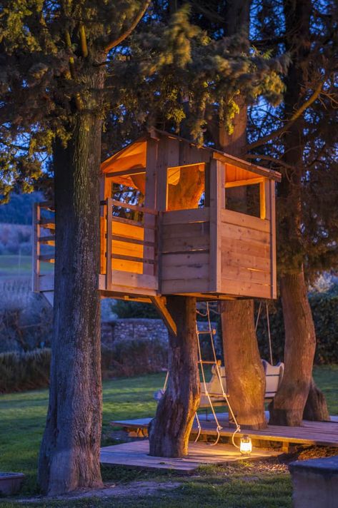 Kids Tree Houses, Tree Houses Kids, Simple Platform Treehouse, Two Tree Treehouse, Backyard Treehouse Diy, Cool Treehouse Ideas, Playhouse Around Tree, Treehouse With Zipline, Free Treehouse Plans Easy Diy