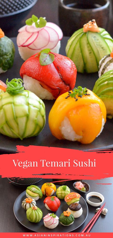 Sushi Garnish Ideas, Vegan Sushi Balls, Temari Sushi Balls, Sushi Platter Ideas, Sushi Balls Recipe, Asian Picnic, Pretty Sushi, Sushi Ball, Asian Platters