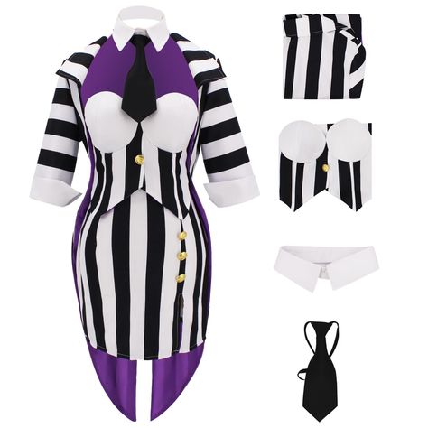 PRICES MAY VARY. Women's Black White Vertical Striped Horror Costume Blazer Corset Pencil Skirt Set with Collar Tie Halloween Horror Movie Cosplay Outfits for Adult The Style A includes: Jacket + Corset + Pencil Skirt + Collar + Tie, 5pcs set cosplay costume for women; The Style B includes: Top + Pants + Tie, 3pcs Women Betelgeuse Costume This black and white striped blazer set is made of nice soft material of 95% Polyester, 5% Spandex, which is lightweight, breathable, skin friendly and comfort Betelgeuse Costume, Horror Movie Cosplay, Elvira Costume, Halloween Costumes Plus Size, Beetlejuice Costume, Movie Cosplay, Fancy Ball, Horror Costume, Corset Costumes