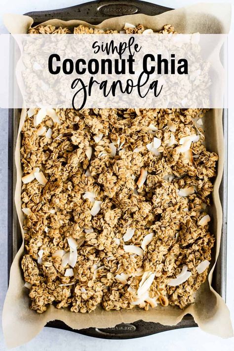 This simple coconut chia granola is the best basic granola recipe! It's vegan, naturally sweetened with maple syrup, and loaded with toasted coconut and crunchy chia seeds. Enjoy with yogurt or oatmeal for delicious crunch, or as a healthy snack at any time of day! #healthygranola #granola #healthysnack #vegan #breakfast #refinedsugarfree Basic Granola Recipe, Chia Granola, Coconut Granola Recipe, Baked Granola, Healthy Food Habits, Coconut Chia, Almond Granola, Comidas Fitness, Best Smoothie Recipes