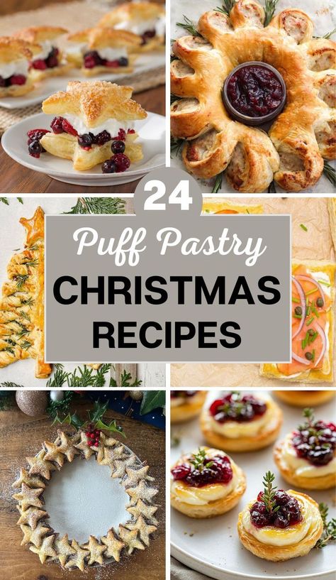 christmas puff pastry ideas Holiday Pastry Recipes, Christmas Puff Pastry, Puff Pastry Appetizers Easy, Christmas Snacks Savory, Puff Pastry Ideas, Sweet Puff Pastry Recipes, Puff Pastry Christmas Tree, Pastry Christmas Tree, Puff Pastry Christmas