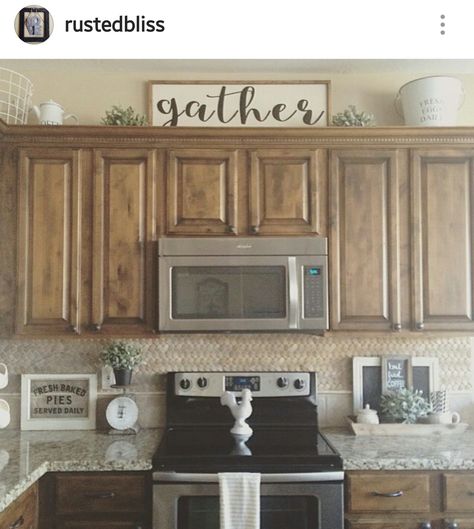 Gather sign Copper Kitchen Accents Decor, Above Cupboard Decor, Above Cabinet Decor, Decor Above Cabinets, Top Of Kitchen Cabinets, Decorating Above Kitchen Cabinets, Gather Sign, Above Kitchen Cabinets, Above Cabinets