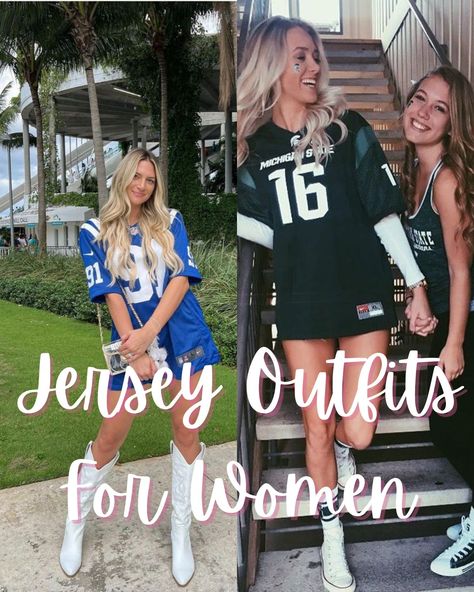 Super Bowl Dress Ideas, Fall Nfl Game Outfit, How To Style Nfl Jersey Women, La Chargers Game Day Outfit, Ny Jets Gameday Outfit, Cowboy Game Outfit, How To Make A Jersey Look Cute, How To Wear Jersey Women, Sports Themed Party Outfit