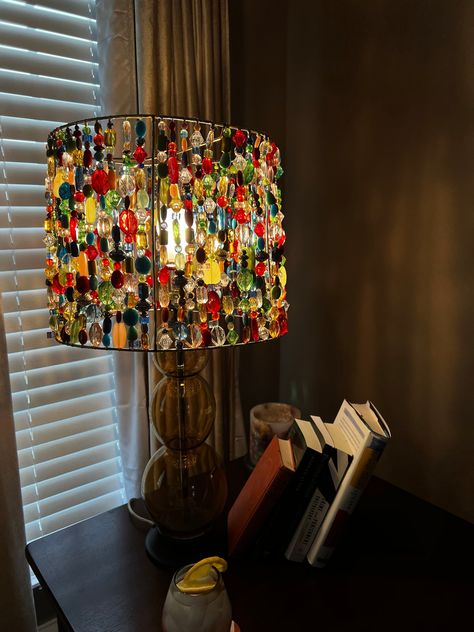 Beaded Lampshade Diy, Beaded Lamp Shades, Bead Lampshade, Homemade Lamp Shades, College Apartment Aesthetic, Beaded Light Fixture, Homemade Lamps, Wire Lampshade, Beaded Lampshade