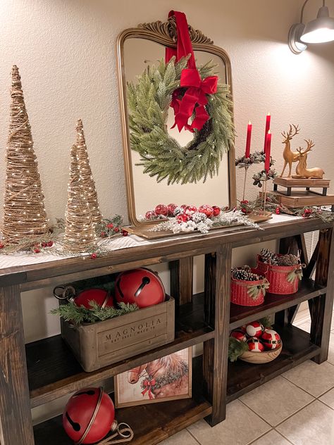 Entry Table Holiday Decor, Christmas Decor Ideas For Sofa Table, Christmas Entry Way Table Decor, Christmas Decor For Entry Table, Console Table Decorating Christmas, Console Table Christmas Decor Ideas, Christmas Decor Ideas Entry Way, Entry Way Table Christmas Decor, Christmas Entry Table Decor