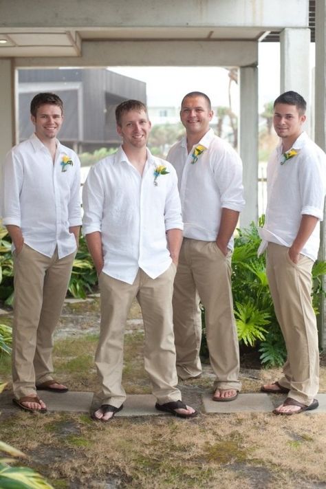 This is 100% what I want Justin, Andy and Blotin to wear at the wedding! Just need to find where I can buy it.... Beach Wedding Groom Attire, Beach Wedding Men, Groomsmen Outfit, Beach Wedding Groomsmen, Beach Wedding Groom, Beach Wedding Outfit, Casual Grooms, Simple Beach Wedding, Wedding Dresses Videos