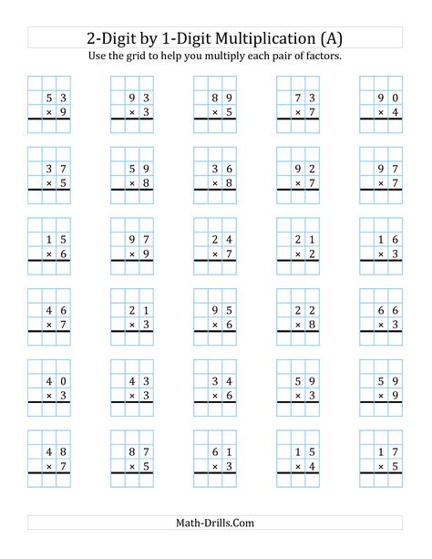 The 2-Digit by 1-Digit Multiplication with Grid Support (A) math worksheet from the Long Multiplication Worksheet page at Math-Drills.com. Box Method Multiplication, 4th Grade Multiplication Worksheets, Multiplication Drills, Two Digit Multiplication, Top Template, Free Multiplication Worksheets, Printable Multiplication Worksheets, Math Multiplication Worksheets, Math Fact Worksheets