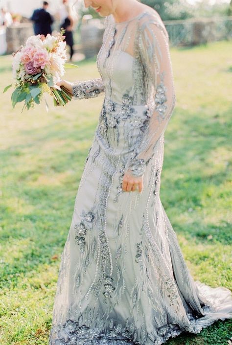 Silver Wedding Gowns, Whimsical Wedding Gown, Silver Wedding Dress, Colored Wedding Dress, Garden Wedding Dresses, Wedding Gowns With Sleeves, Something Blue Wedding, Wedding Colors Blue, Blue Wedding Dresses