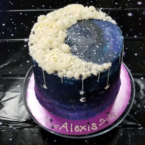 16th birthday cake, sweet 16 cake, sweet sixteen, galaxy, galaxy sweet sixteen cake, galaxy cake ideas, crescent moon cake Moon Phases Cake, Trippy Cake Ideas, Moon Phase Cake, Eclipse Cake Ideas, Outerspace Cakes, Moon Shaped Cake, Witchy Birthday Cake, Celestial Cakes, Witchy Cake