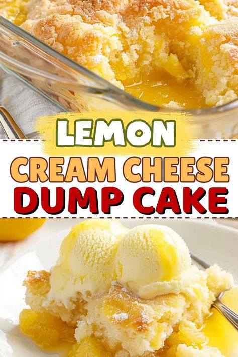 This easy lemon cream cheese dump cake is always a winner! With just 4 ingredients and minimal prep, it's the perfect last-minute treat. Lemon Crunch Dessert, Lemon Cheesecake Dump Cake, Dessert Recipes Using Cream Cheese, Lemon Dump Cake Recipes Pie Fillings, Recipes With Lemon Pie Filling, Lemon Cobbler Recipes, Easy Desserts With Cream Cheese, Deserts Recipes Easy Quick, Large Desserts