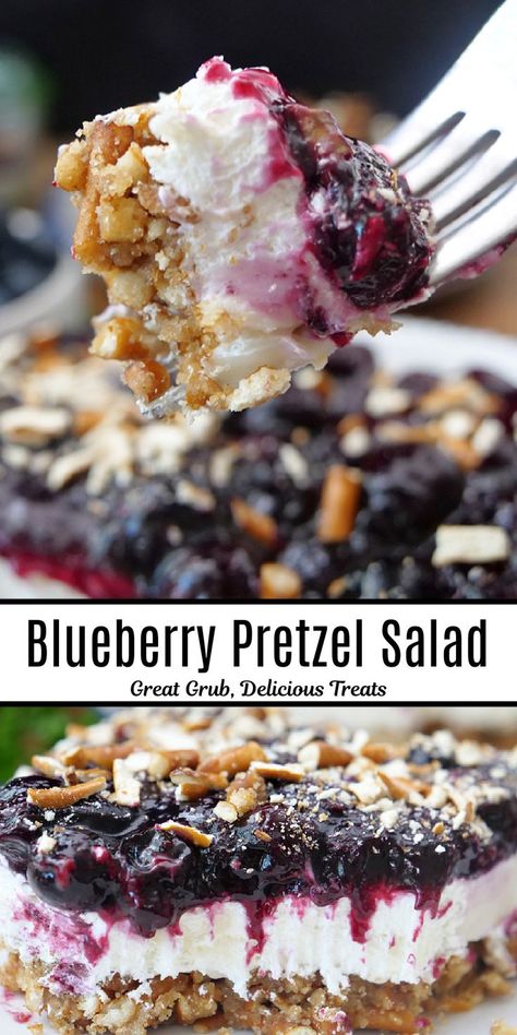 A double photo collage of dessert made with pretzels, cream cheese and blueberries. Blueberry Pretzel Salad, Blueberry Pretzel, Blueberry Desserts Recipes, Platter Ideas, Pretzel Salad, Pretzel Crust, Low Carb Meals, Blueberry Pie Filling, Blueberry Desserts