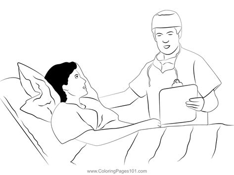 Doctor and Patient on Hospital Bed Coloring Page Doctor And Patient Drawing, Person In Hospital Bed Drawing, Anime Hospital Patient, Hospital Sketch Drawings, Hospital Bed Drawing, Patient Drawing, Bed Clipart, Hospital Cartoon, Pose Manga