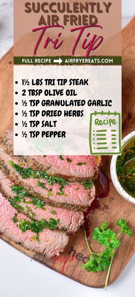 This easy Air Fryer Tri Tip Recipe will teach you exactly how to make an amazingly juicy and flavorful beef roast in the air fryer! It takes less than 20 minutes to make this entire tri-tip roast using this simple method, and the resulting sliced steak is perfectly cooked. Tri Tip Steak Recipes Air Fryer, Air Fryer Tri Tip Roast Recipe, Tri Tip In Air Fryer, Air Fryer Tri Tip, Tritip Roast Recipes, Roast In The Air Fryer, Tri Tip Recipe, Tri Tip Steak Recipes, Tritip Recipes