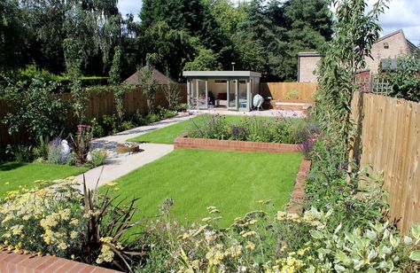 Modern Family Garden Design, Family Friendly Garden Design, Long Rectangle Garden Design, 1930s Garden Design, Child Friendly Garden Ideas, Garden Zoning Ideas, Rectangle Garden Design Layout, New Build Garden Ideas Uk, Wide Garden Design Layout