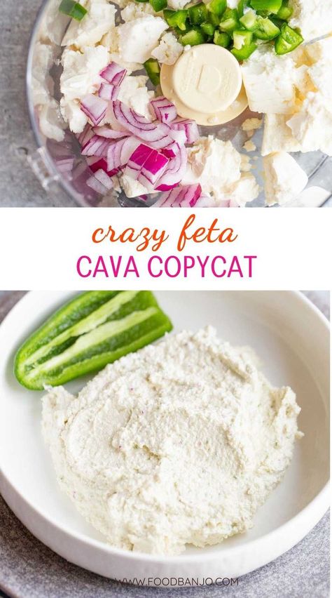 feta ingredients and whipped feta dip in a bowl Copycat Cava Garlic Dressing, Cava Whipped Feta, Creamy Feta Board, Cava Lemon Chicken Bowl, Heluva Good Dip Recipe Meals, Cava Salad Recipe, Cava Hummus Recipe, Skhug Sauce Cava, Copycat Cava Yogurt Dill Dressing