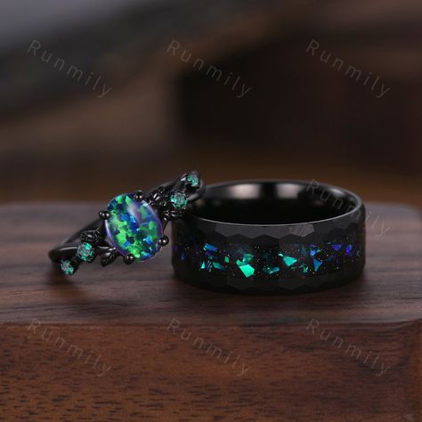 Here we have a Hammered Blue Opal Wedding Ring Set For Couples His and Her Wedding Band Black Tungsten Mens Ring Women Opal Engagement Ring Promise Ring ITEM DESCRIPTION ✦ Handmade, high-quality item! ✦ Material: Sterling Silver/Tungsten ►Sold as a two-piece set ►His ring is Black Tungsten Carbide with blue opal. ►His band width: 8mm ►His tungsten ring will not turn green itself and will not cause your skin to turn green.  ✦ Durable - Incredibly Scratch-Resistant to always look great. ✦ Comfort- Green And Blue Engagement Ring, Wedding Rings For Women Silver, Black Fire Opal Ring, Western Wedding Rings With Turquoise, Alt Engagement Ring, Wedding Rings Gold And Silver, Promise Ring Sets, Country Wedding Rings, His And Her Rings