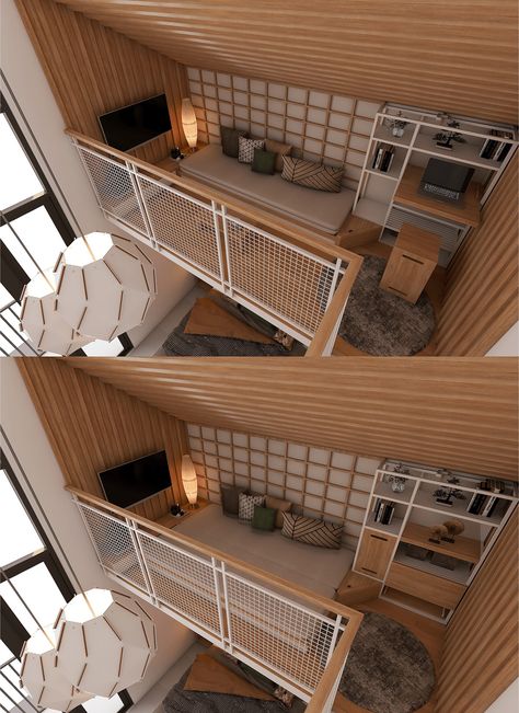 Loft Mezzanine Ideas, Tiny Mezzanine Bedroom, Bedroom With Mezzanine Floor, Small Mezzanine Ideas, Mezzanine Small Bedroom, Loft For Small Rooms, Loteng Design, Loteng Dalam Bilik, Mezanine Interior Small Room