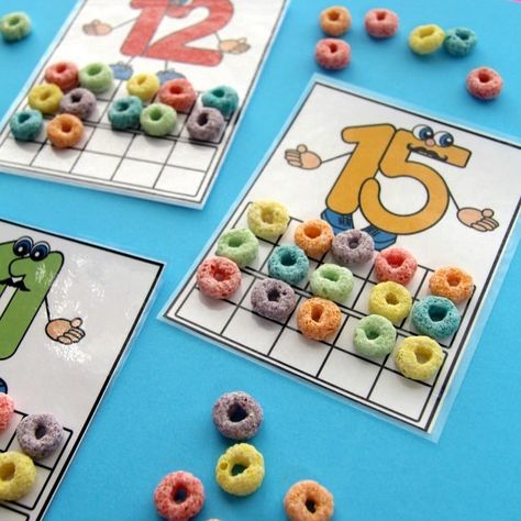 Teen numbers are tasty today with these make it with cereal cards. We love how visual the 20 frames are, and the kids love the colored cereal. Get the cards at PlanningPlaytime.com. #Kindergartenfun #kindergartenready #kindergartenbound #kindergartenlife #kindergartners #kinderlove #mathisfun #mathgames #mathtime #teacherstuff #educationalactivities #teacherideas #iteachkinder #iteachprek #iteachfirst #teacherspayteachers #prekteacher #prekfun #prekmom #prekteachers #prekrocks #preklife #prek Counting To 20 Preschool Activities, Counting To 120 First Grade Activities, Counting On Activities First Grade, Number 11 Activities For Preschool, Teen Numbers, Teaching Numbers, Math Counting, Kindergarten Fun, Number 11